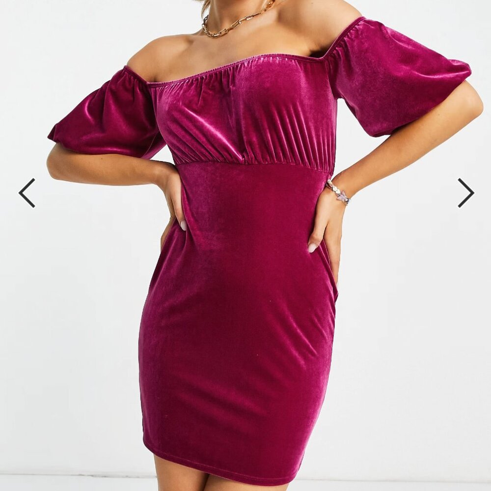 Asos Hot Pink Velvet Bardot Dress-US Size 12